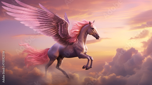 Flying horse with wings in the sky at sunset in the clouds,Pink Unicorn Above The Clouds © muhammadjunaidkharal