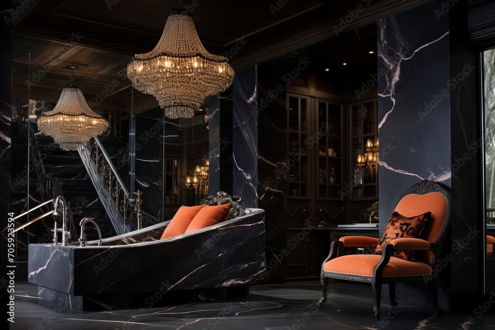 Naklejka premium Luxurious high end modern bathroom with peach fuzz color, elegant finishes, and statement pieces