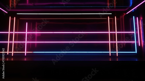 Abstract background with neon lights. Glowing neon lines in empty dark room.