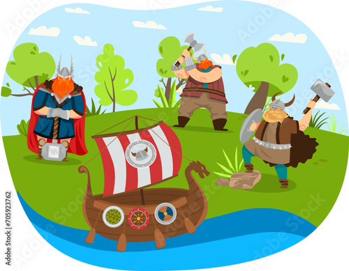 Fototapeta Naklejka Na Ścianę i Meble -  Three cartoon vikings near a drakkar on riverbank. Vikings with axes and helmet, campsite tent. Medieval Norse warriors, Viking adventure. Vector illustration