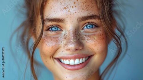 Beautiful woman smiling covered in colorful paint, bright blue eyes, happy photo