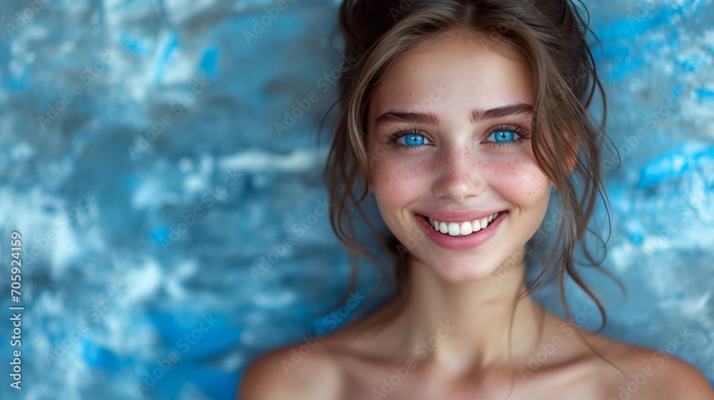 Beautiful woman smiling covered in colorful paint, bright blue eyes Beautiful woman smiling covered in colorful paint, bright blue eyes