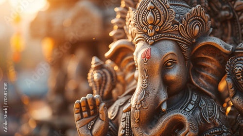 A close-up of Lord Ganesha's intricately carved idol, bathed in the warm glow of twilight, capturing the details of every delicate curve and embellishment. © Наталья Евтехова