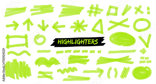 Set of hand drawn highlight brush lines, shapes, elements. isolated vector objects on white background. Doodle neon green strokes of marker. Acid highlighters marker stripes, underlines for any use.