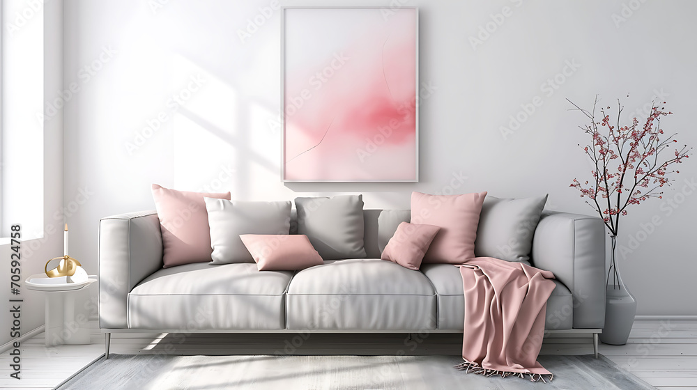 Grey sofa with pink pillows and blanket against white wall with abstract art poster. Interior design of modern living room Grey sofa with pink pillows and blanket against white wall with abstract art poster. Interior design of modern living room