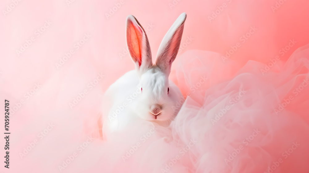 Obraz premium A white Easter bunny on a pink background. 