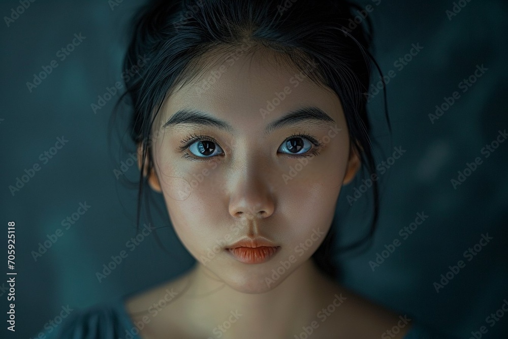 young asian girl with charming face and fashionable haircut in modern clothes young asian girl with charming face and fashionable haircut in modern clothes