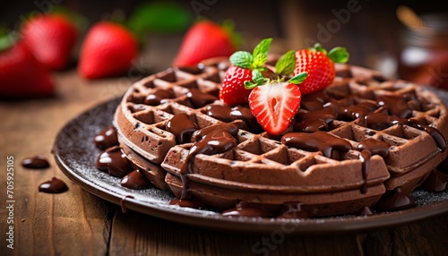 Comforting belgian chocolate waffles with fresh strawberries a delicious start to the day photo