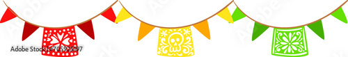 Colorful fiesta bunting with intricate patterns. Festive decoration, traditional Mexican papel picado. Celebration, culture, Cinco de Mayo theme vector illustration.