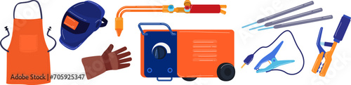 Welding equipment and protective gear set. Orange welder apron, blue helmet, gloves, weld machine. Professional welder safety tools collection vector illustration.