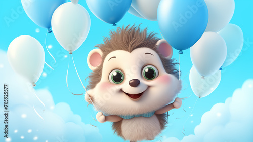 Illustration of cute hedgehog with balls, cartoon design. Funny portrait of happy smiling hedgehog on blue heaven background with air balloons. Children Birthday card with copy space.