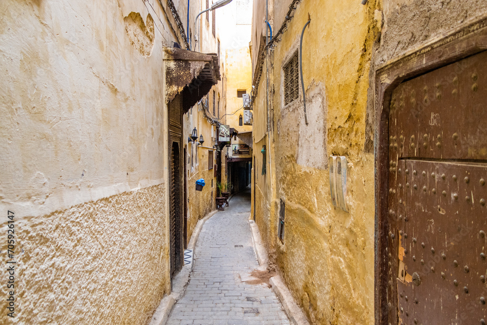 Fes, Morocco. View of the narrow and suggestive alleys in the ancient souk of the medina in Fes in Morocco.