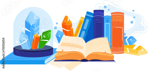 Open book with magic crystals and potion bottles. Enchanted items and spellbook with sparkling gems. Fantasy concept and wizardry vector illustration. photo