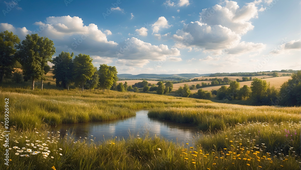 Beautiful landscape in countryside. Pastoral nature scenery.