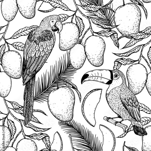 Tropical seamless pattern. Tropical design template. Parrot, toucan and mango fruit vector illustration. Summer design. Beautiful design for textiles. Print on cloth template.