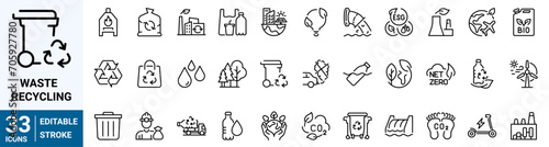 recycling waste line icons. Garbage disposal. Trash separation, waste sorting with further recycling. Editable stroke