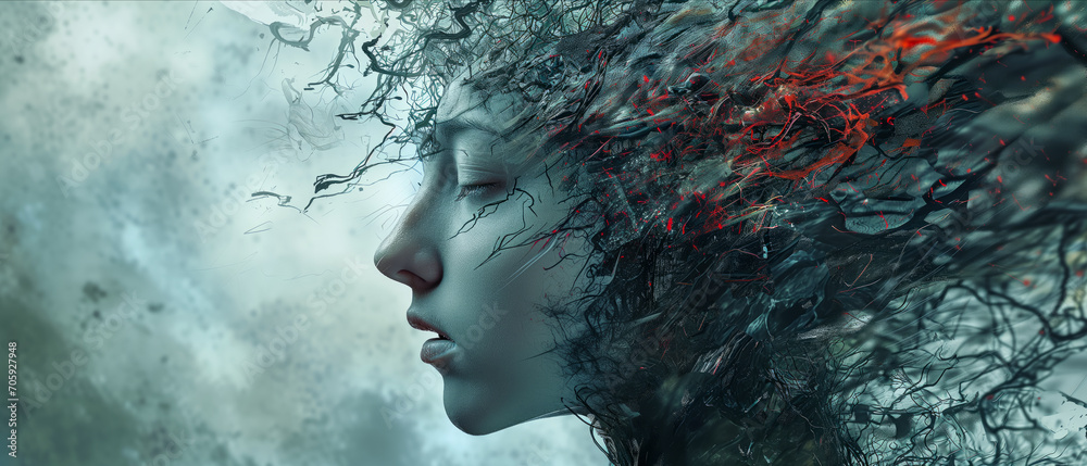 Side View of Female with Abstract Tangled Branches for Hair, Emotional ...