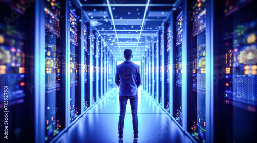 Businessman inspects server cabinets in a data center corridor