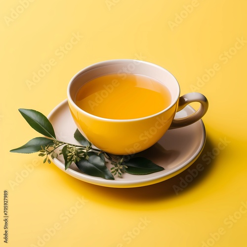 Cup of tea on a yellow background with twigs and tea leaves. Top view  close-up