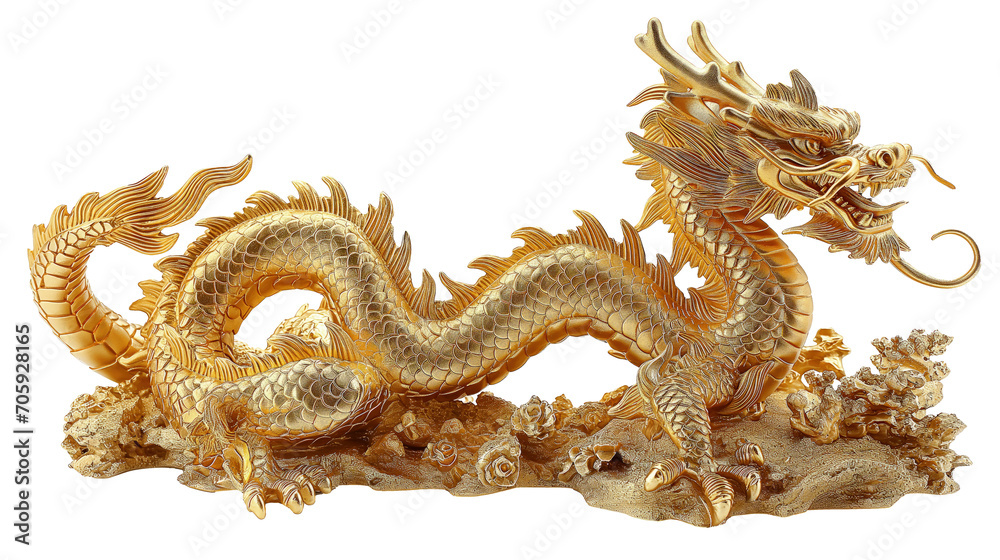 Fototapeta premium Golden Dragon Statue on White Background. L’inarticulé and chinese new year.