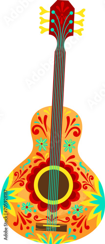 Colorful floral pattern acoustic guitar isolated on white. Vibrant Mexican folk art style decoration. Musical instrument with ornate design vector illustration. photo