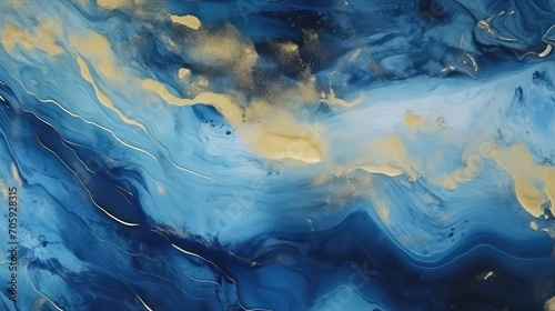Marbled blue and golden abstract background. Liquid marble ink pattern.