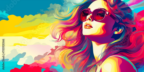 long haired young woman with sunglasses in colorful retro pop art style inspired illustration