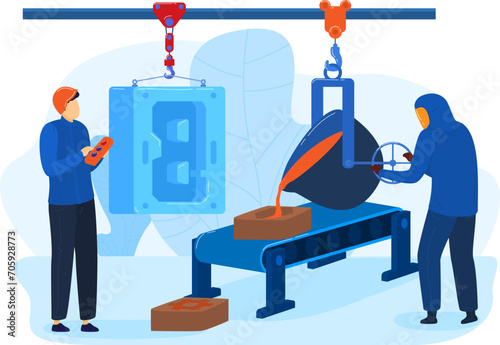 Two men operating industrial machinery, one using a remote control, the other pouring molten metal. Industrial workers and automation concept. Factory setting vector illustration.