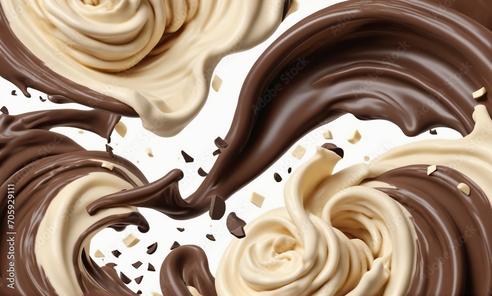 Dark chocolate bar icon with milk and chocolate cream splash, 3d illustration.