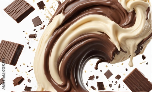 Dark chocolate bar icon with milk and chocolate cream splash, 3d illustration.