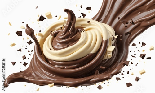 Dark chocolate bar icon with milk and chocolate cream splash, 3d illustration.