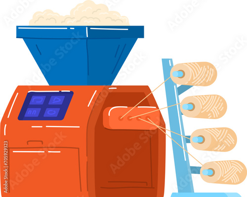 Cartoon cotton candy machine producing spun sugar treats. Red fairground cotton candy maker with blue hopper. Amusement park snack equipment vector illustration.