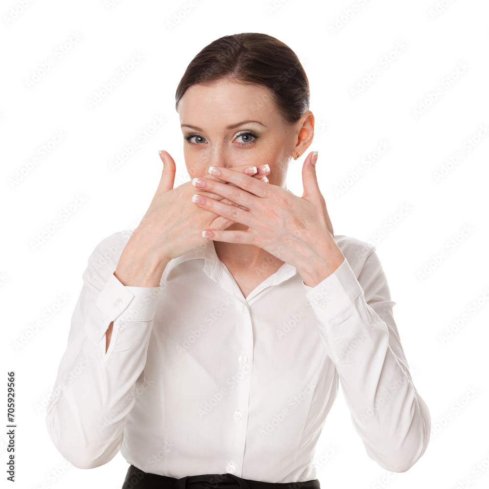 Business woman covering her mouth with her hands, isolated on white background Business woman covering her mouth with her hands, isolated on white background