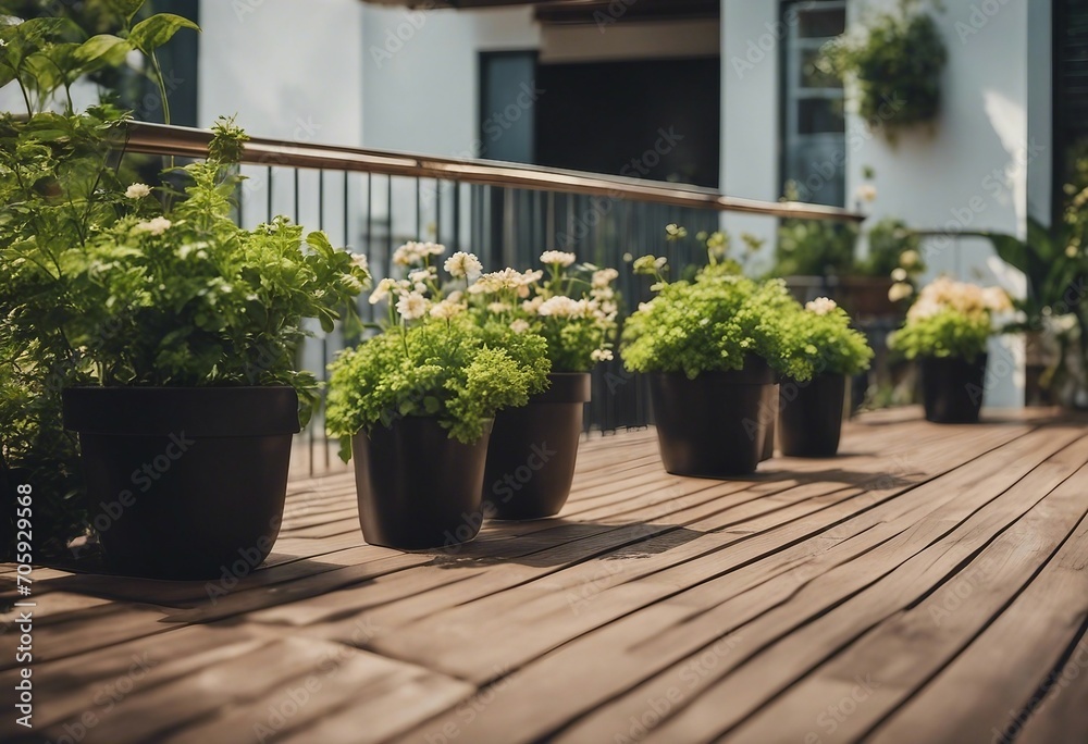Fototapeta premium Beautiful modern terrace with wood deck flooring and fence green potted plants 