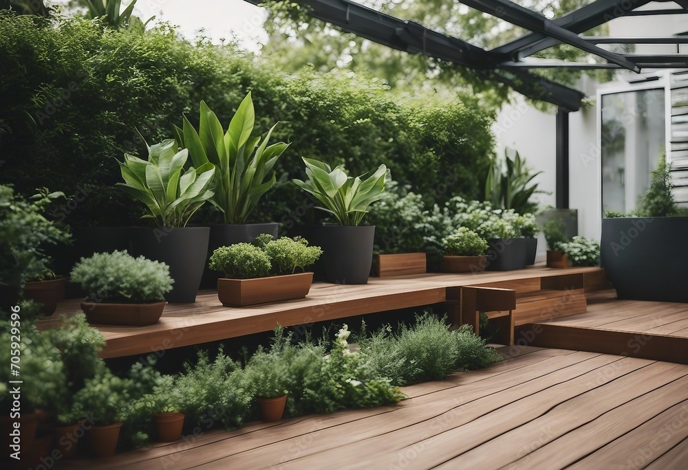 Beautiful of modern terrace with wood deck flooring green potted flowers plants and outdoors furniture