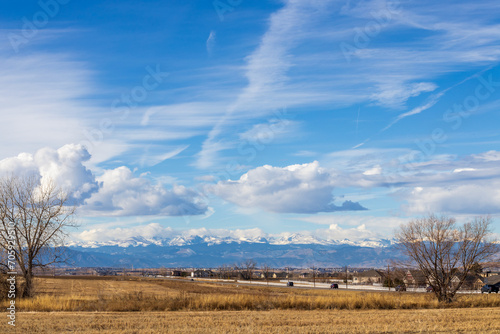 Colorado Living. Loveland, Colorado - Denver Metro Area Residential Winter Panorama with the view of Front Range mountains in the distance
