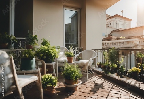 Beautiful balcony terrace with chairs and green potted flowers plants Cozy relaxing area at home