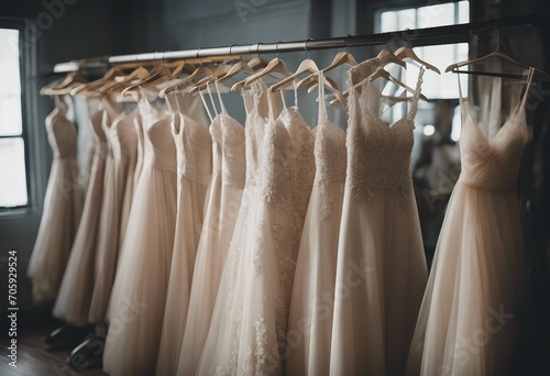 Luxury elegant bridal dresses for wedding on a hanger © FrameFinesse