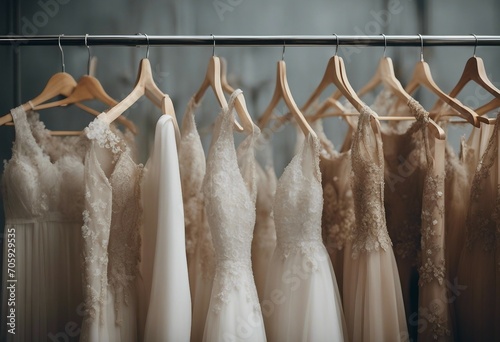 Elegant luxury bridal wedding dresses on hangers