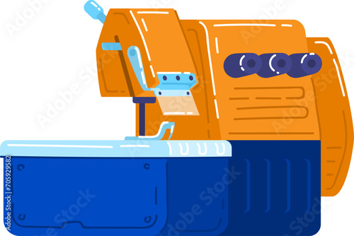 Orange and blue robotic arm in industrial setting. Automated machinery equipment for factory production line vector illustration.