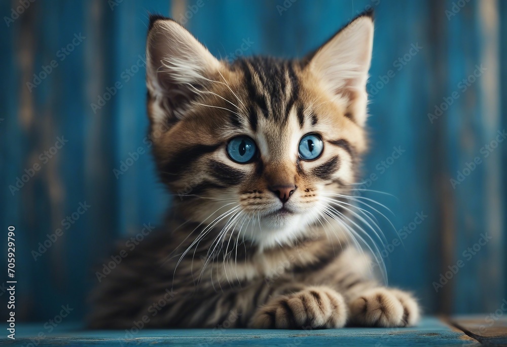 Kitten head with paws up peeking over blue wooden background Little tabby cat curiously peeking out