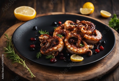 Grilled octopus on black plate Traditional Mediterranean dish with lemon and rosemarry