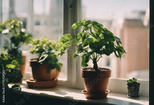 Indoor potted plant on window sill in sunny day at home