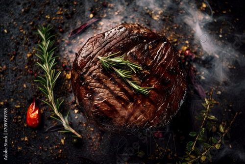 Succulent Grilled Steak with Aromatic Herbs created with Generative AI technology