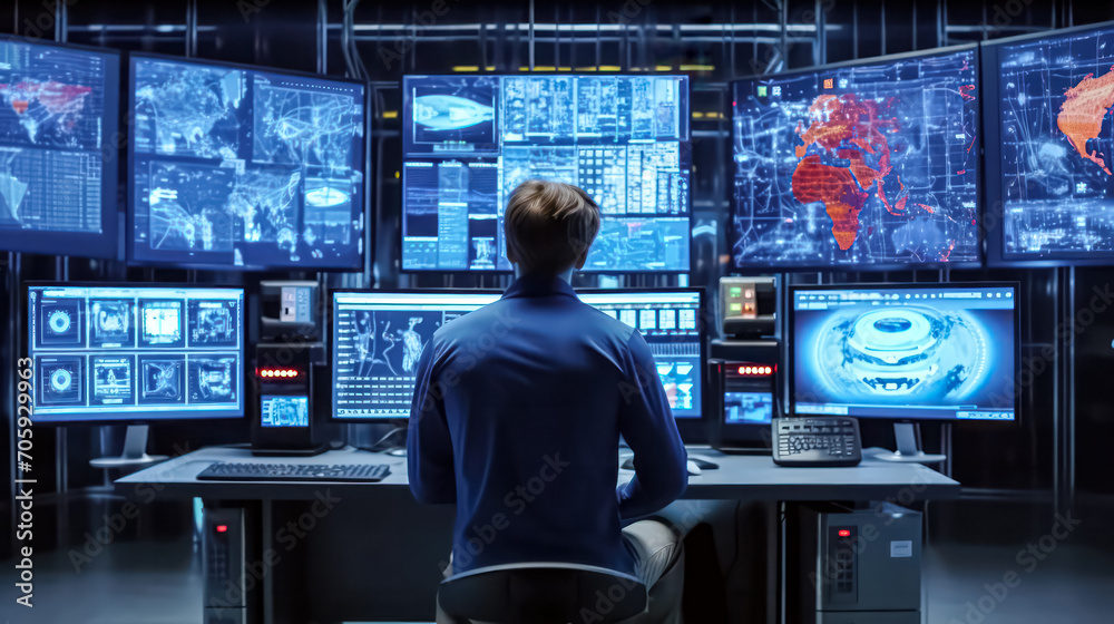 Male software engineer working in monitoring office Male software engineer working in monitoring office