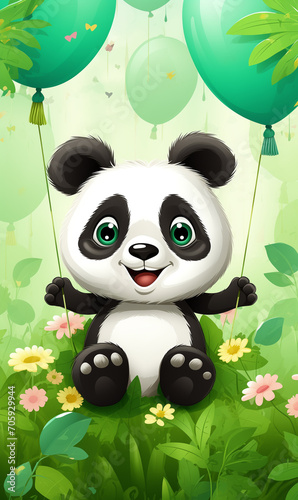 Illustration of cute panda with balls  cartoon design. Funny portrait of happy smiling panda on green forest background with air balloons. Children Birthday card with copy space.