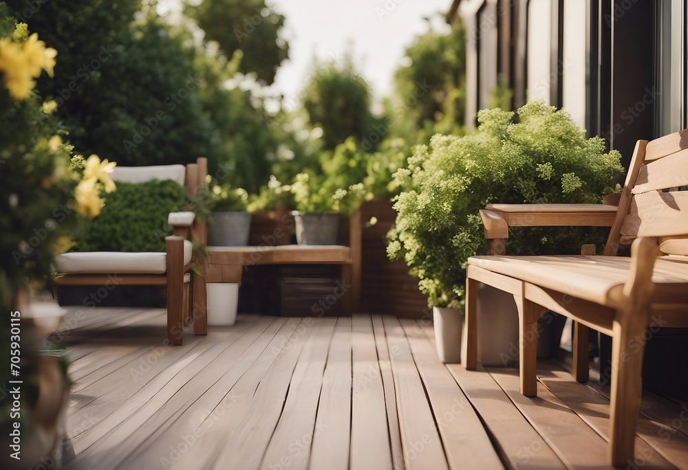 Wood deck outdoor furniture at the modern terrace with  floor and green potted plants - obrazy, fototapety, plakaty 