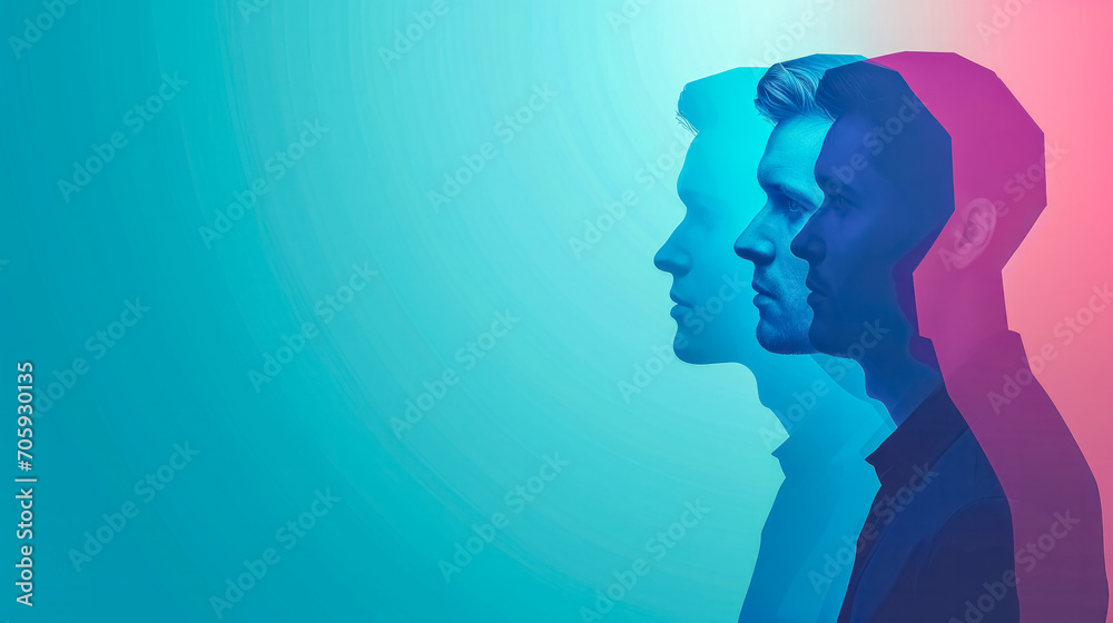 This creative banner features a multi-layered profile view of a man in shades of cool blues and vibrant pinks, personal growth, introspection, and the multifaceted nature of the human psyche This creative banner features a multi-layered profile view of a man in shades of cool blues and vibrant pinks, personal growth, introspection, and the multifaceted nature of the human psyche