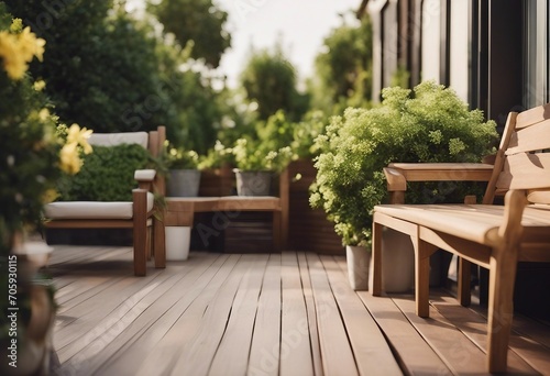 Wood deck outdoor furniture at the modern terrace with  floor and green potted plants