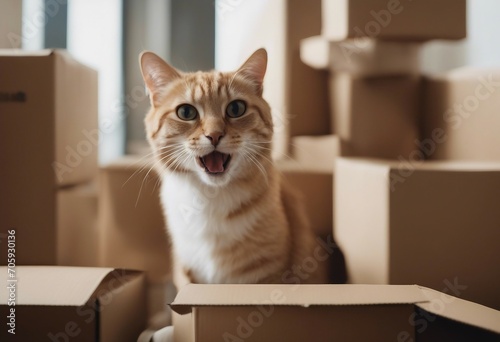 Cat with open mouth sitting in an empty cardboard box Moving to new home concept 